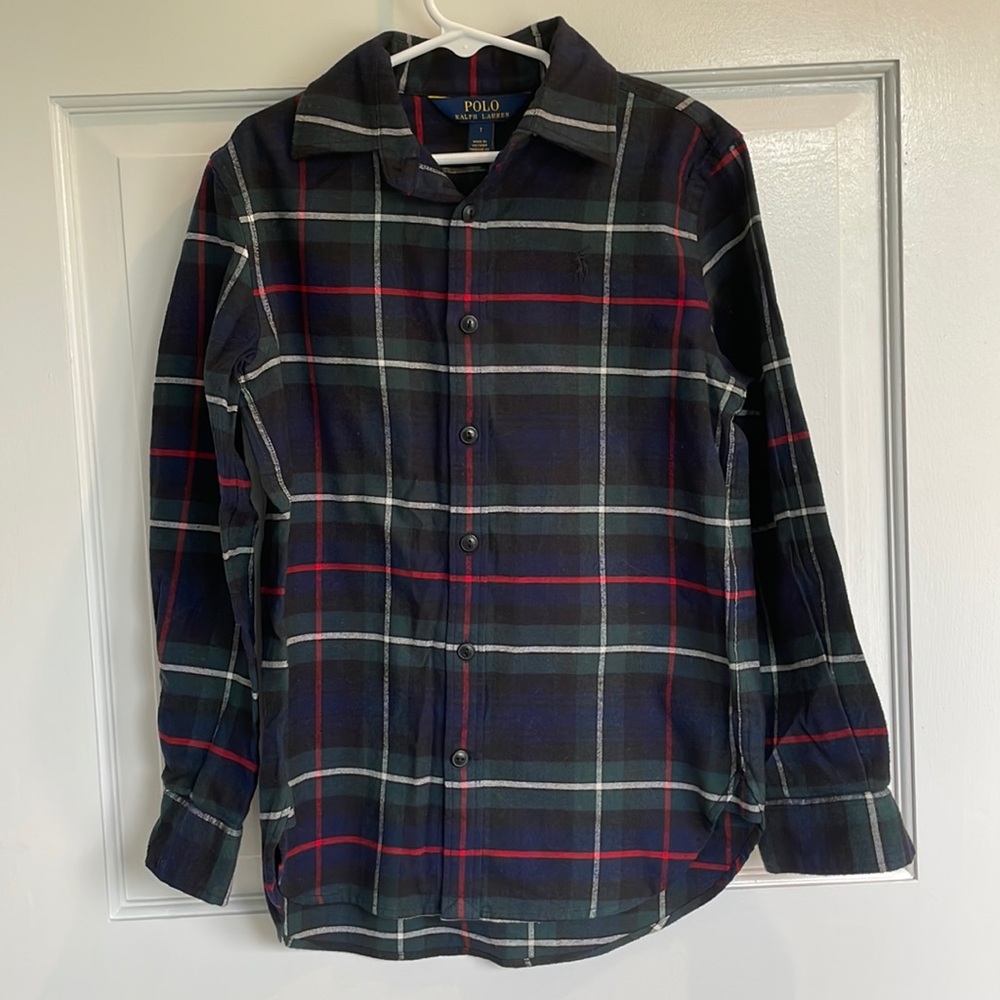 Polo Ralph Lauren girls plaid button down shirt NWT size 7 navy, black, green